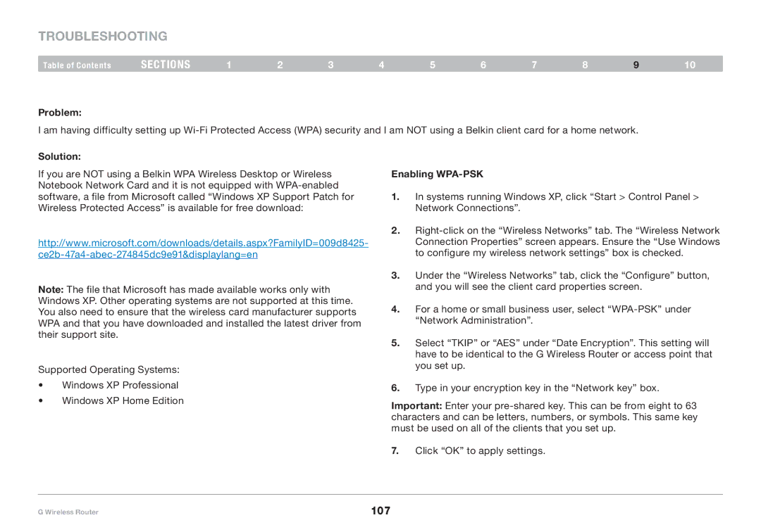 Belkin PM01110 user manual Enabling WPA-PSK 