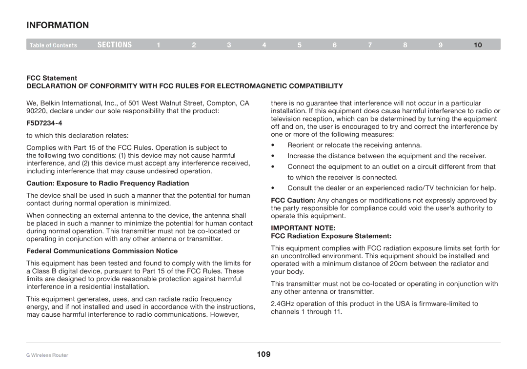 Belkin PM01110 user manual Information, FCC Statement, F5D7234-4, Federal Communications Commission Notice 