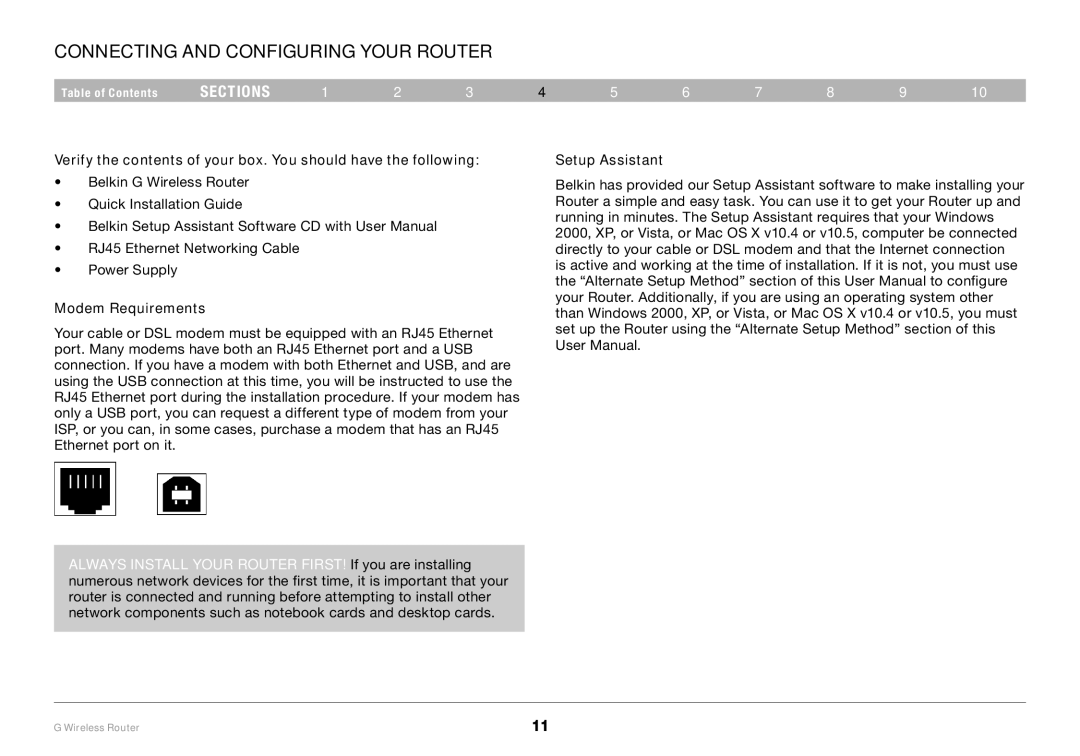 Belkin PM01110 user manual Connecting and Configuring your Router, Modem Requirements 