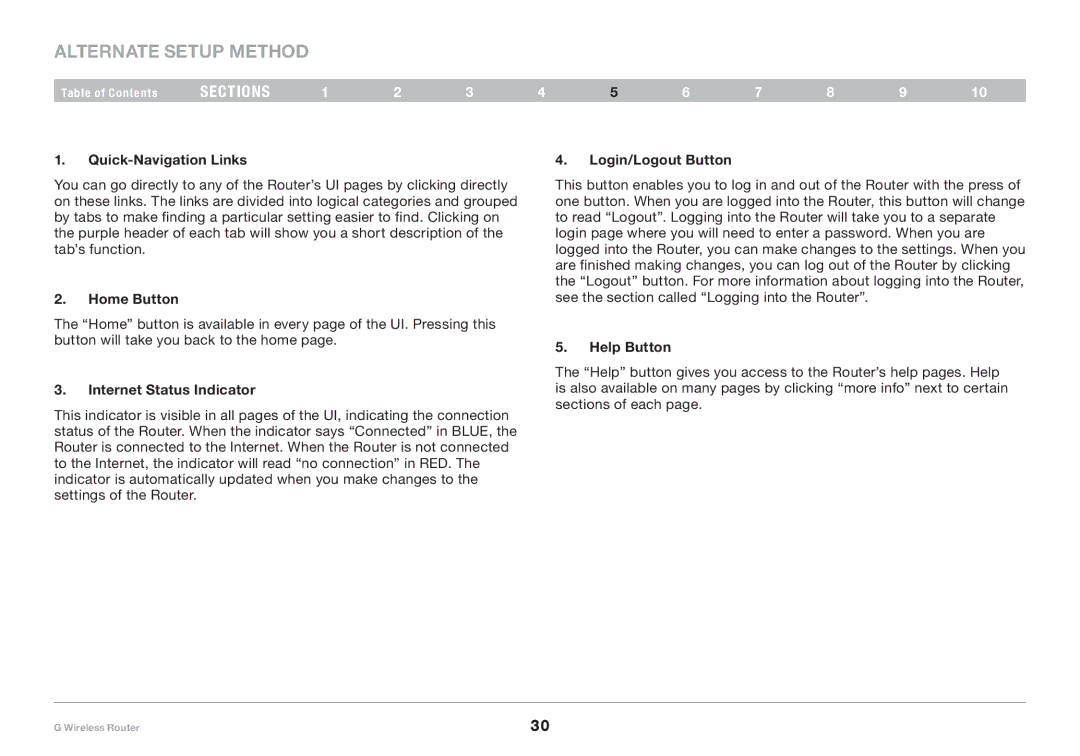 Belkin PM01110 user manual Quick-Navigation Links, Home Button, Internet Status Indicator, Login/Logout Button, Help Button 