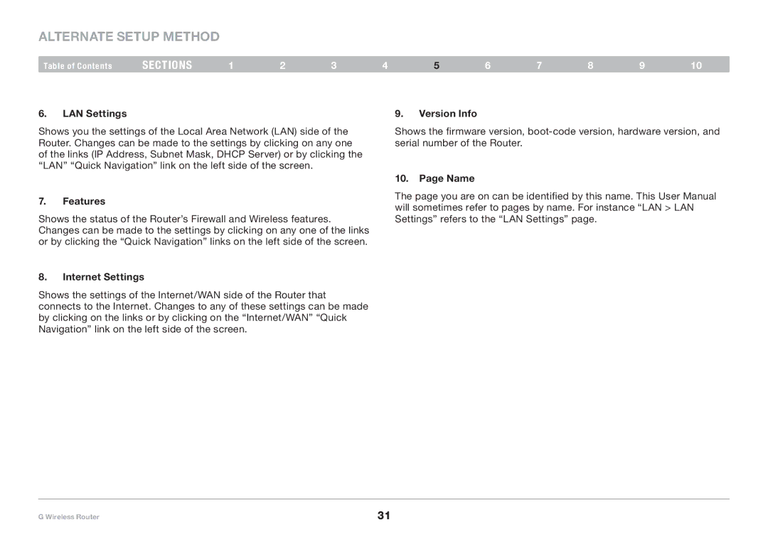 Belkin PM01110 user manual LAN Settings, Version Info, Name Features, Internet Settings 