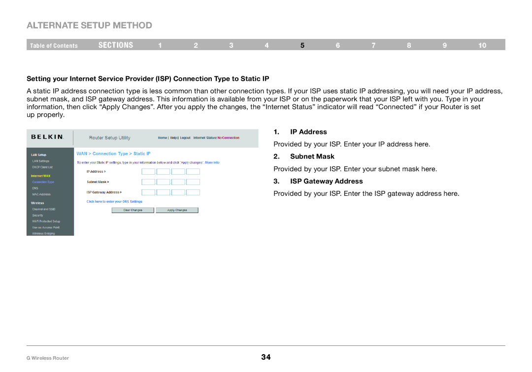 Belkin PM01110 user manual IP Address, Subnet Mask, ISP Gateway Address 