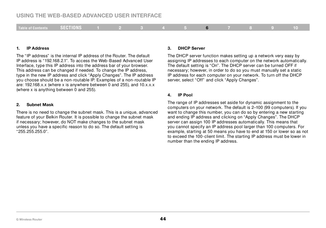 Belkin PM01110 user manual Using the Web-Based Advanced User Interface, Dhcp Server, IP Pool Subnet Mask 