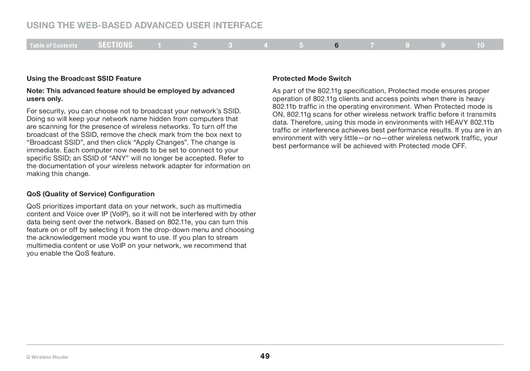 Belkin PM01110 user manual Using the Broadcast Ssid Feature, QoS Quality of Service Configuration, Protected Mode Switch 