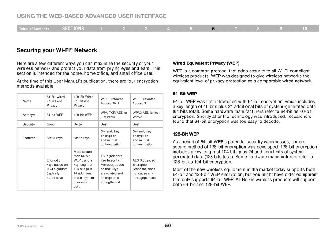 Belkin PM01110 user manual Securing your Wi-FiNetwork, Wired Equivalent Privacy WEP, Bit WEP 