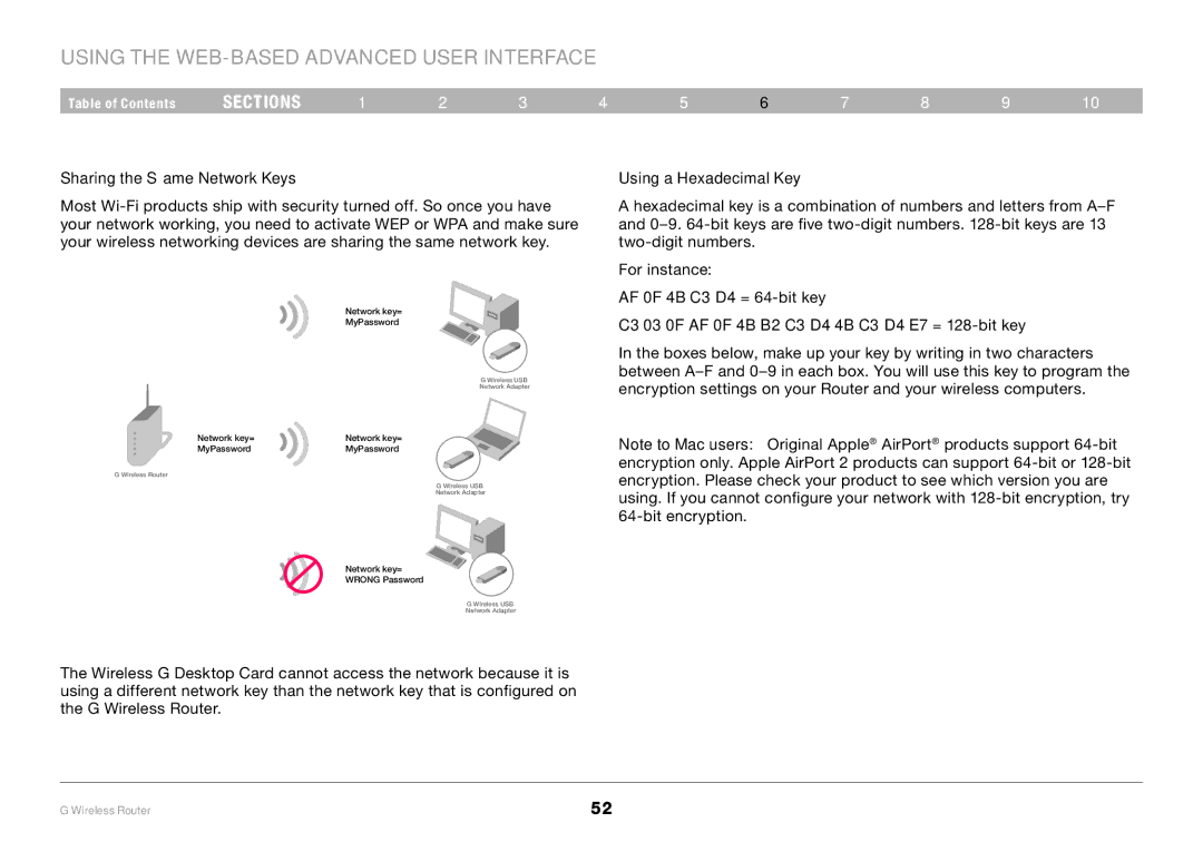 Belkin PM01110 user manual Sharing the Same Network Keys, Using a Hexadecimal Key 