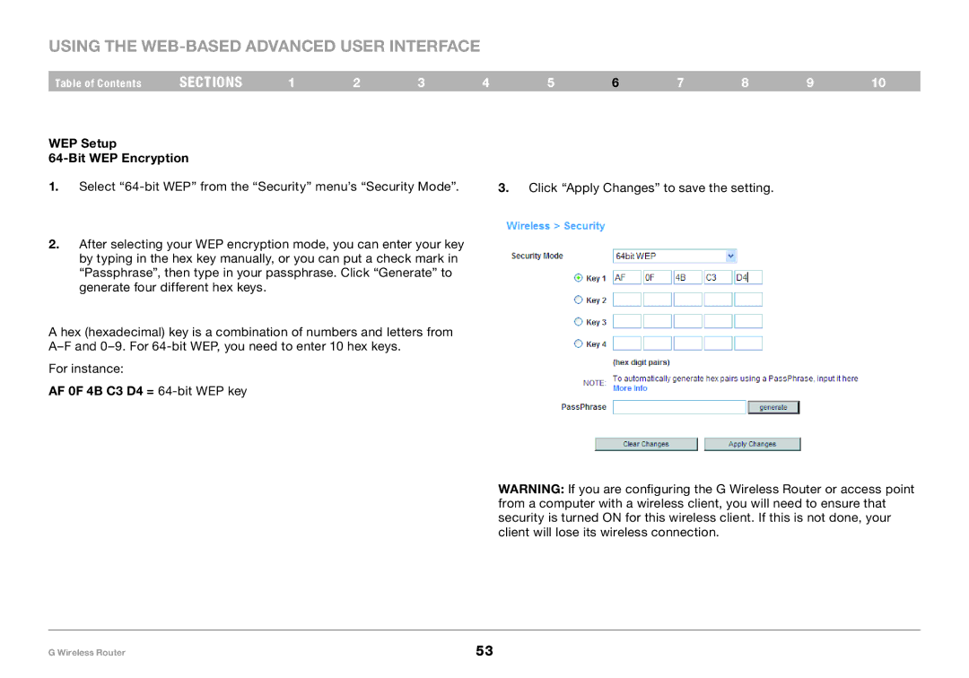 Belkin PM01110 user manual AF 0F 4B C3 D4 = 64-bit WEP key 