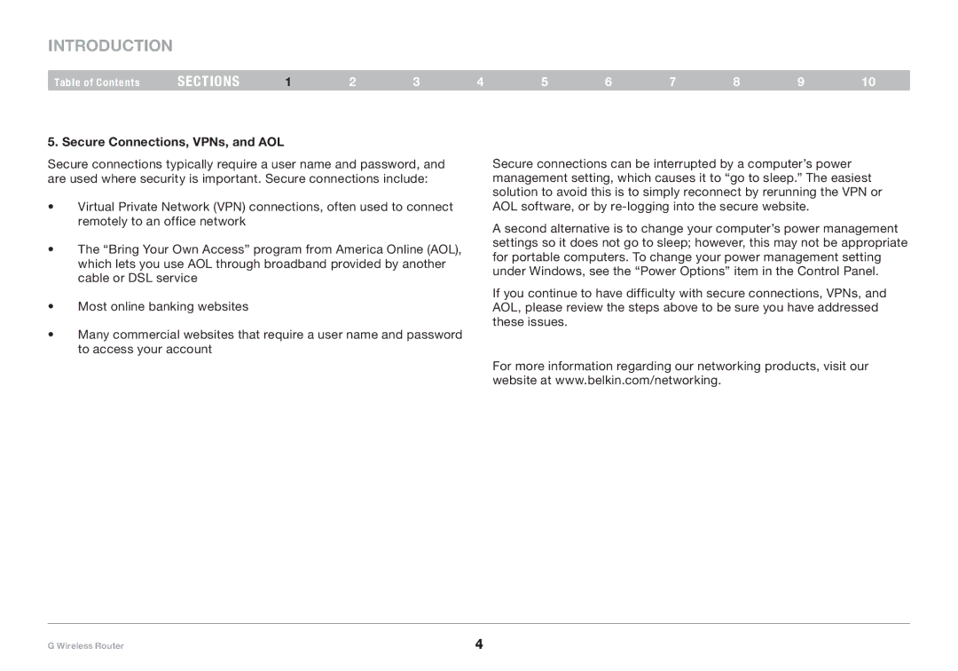 Belkin PM01110 user manual Secure Connections, VPNs, and AOL 