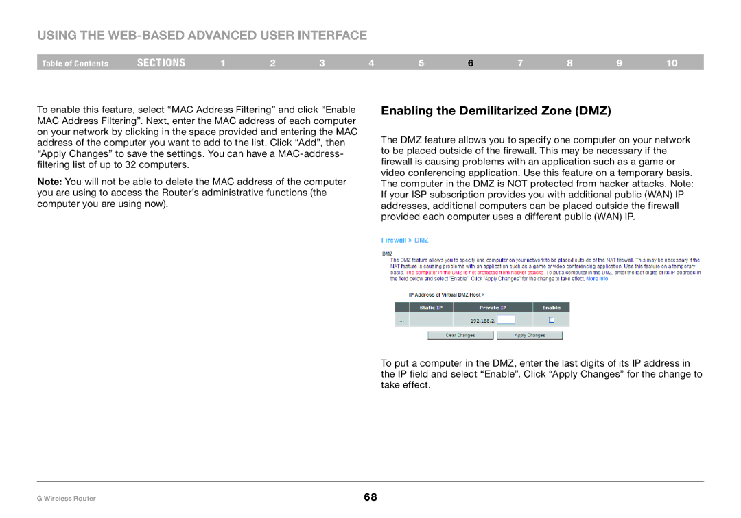 Belkin PM01110 user manual Enabling the Demilitarized Zone DMZ 