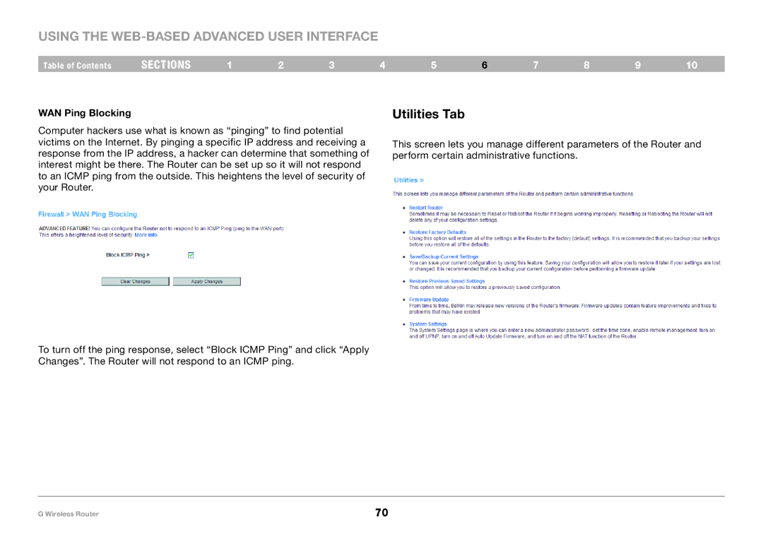 Belkin PM01110 user manual Utilities Tab, WAN Ping Blocking 