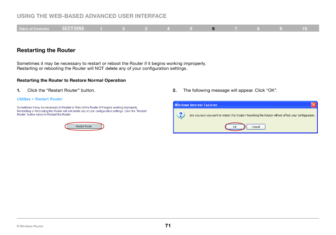 Belkin PM01110 user manual Restarting the Router to Restore Normal Operation 