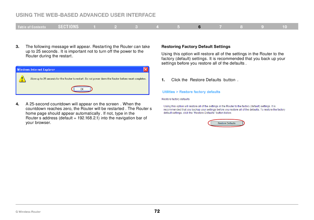 Belkin PM01110 user manual Restoring Factory Default Settings 