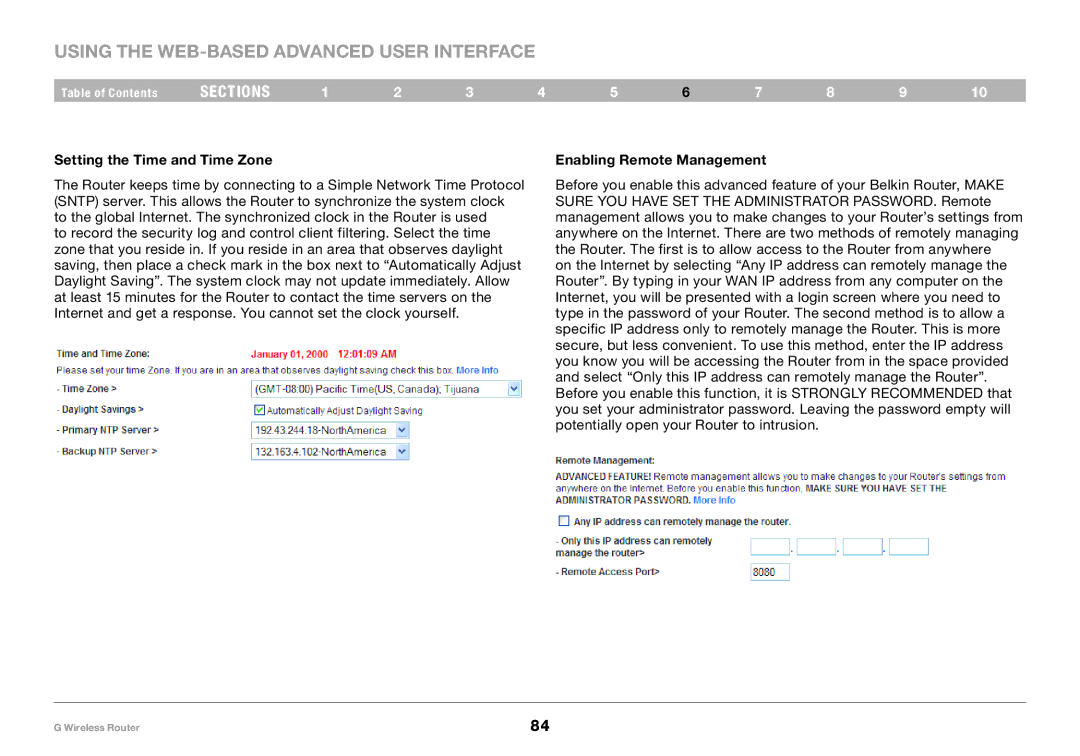 Belkin PM01110 user manual Setting the Time and Time Zone, Enabling Remote Management 