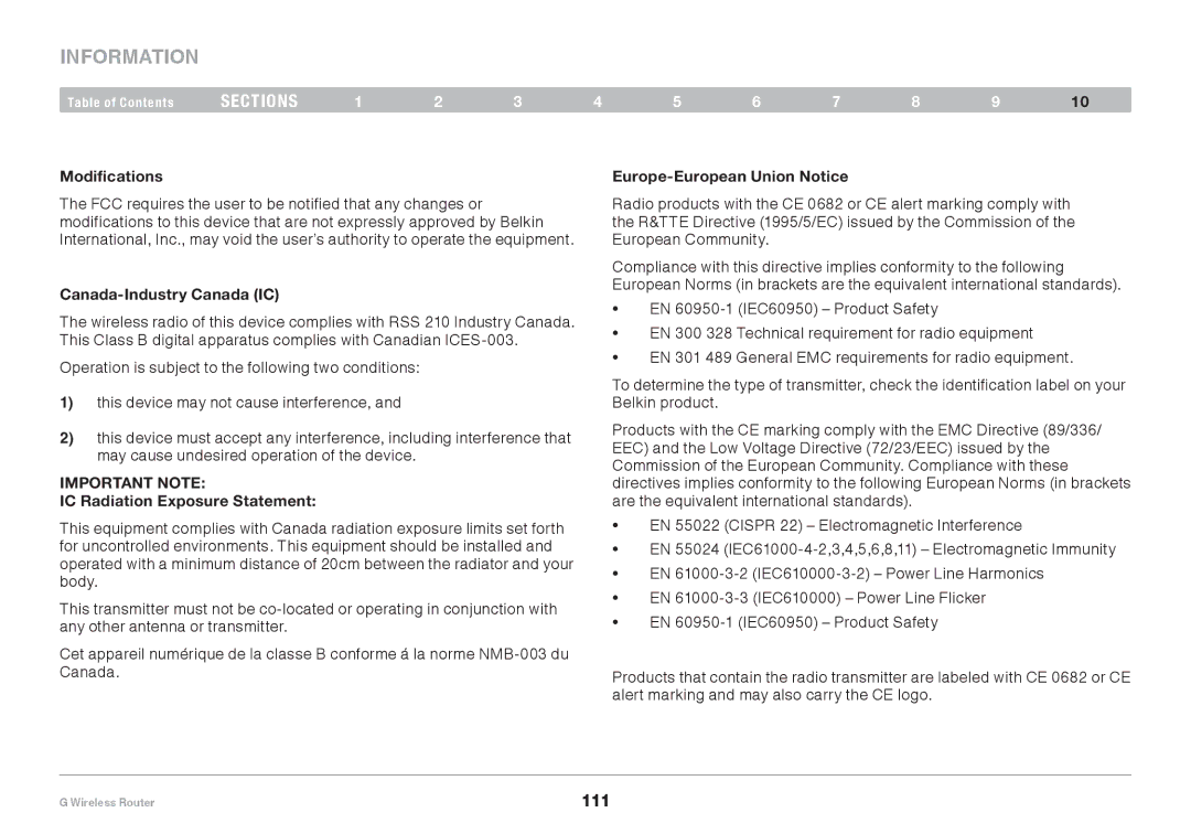 Belkin PM01110EA user manual Information, Modifications, Canada-Industry Canada IC, IC Radiation Exposure Statement 