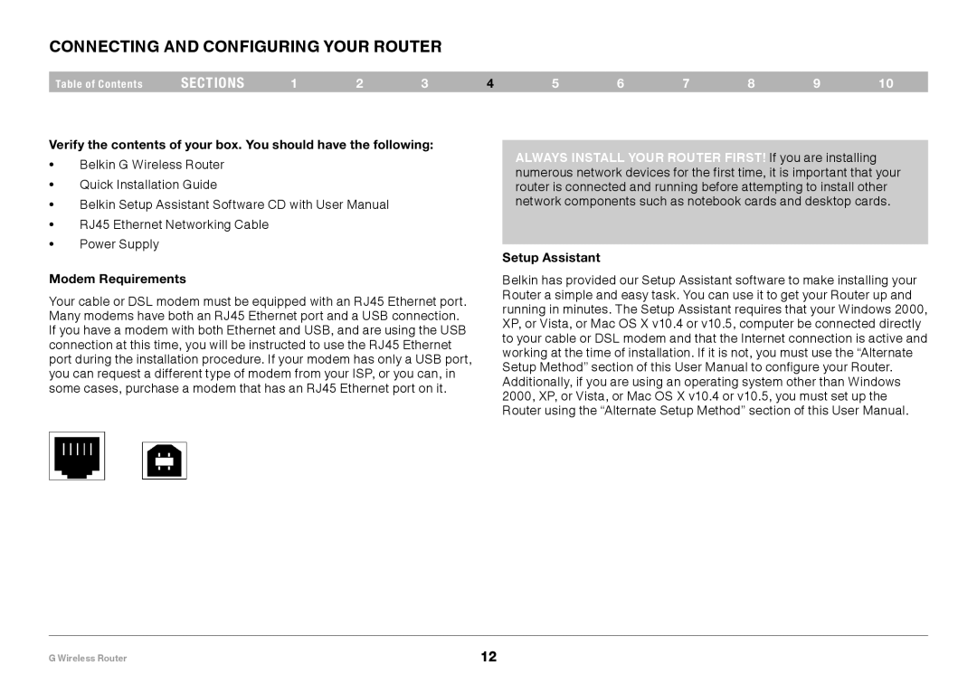 Belkin PM01110EA user manual Connecting and Configuring your Router, Setup Assistant Modem Requirements 