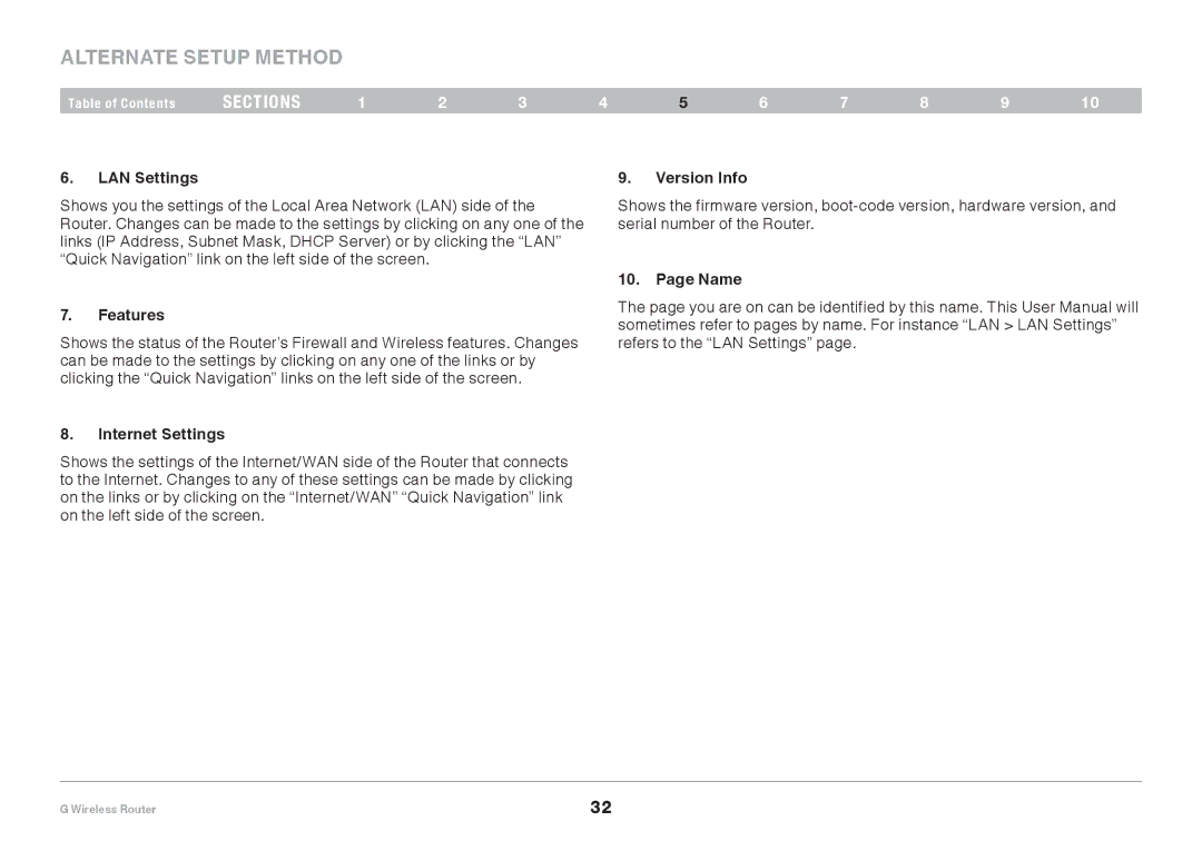 Belkin PM01110EA user manual LAN Settings, Version Info, Name Features, Internet Settings 