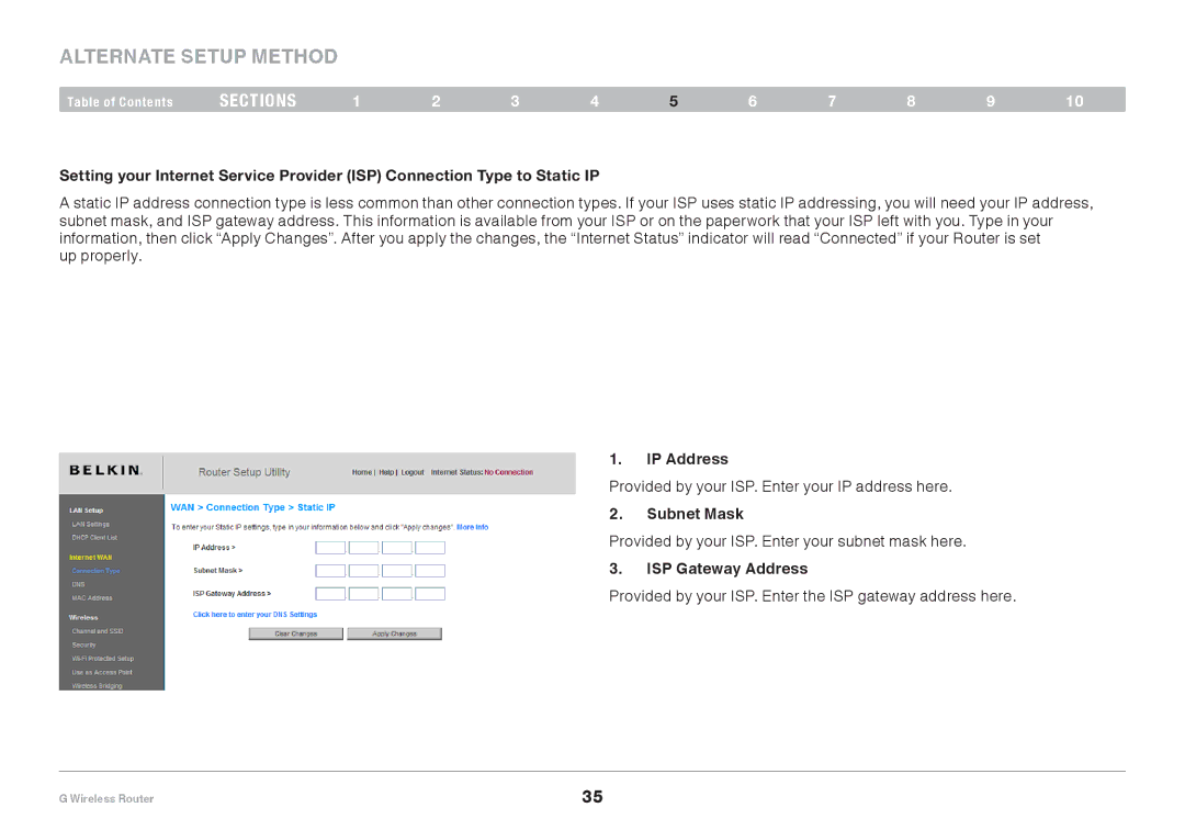 Belkin PM01110EA user manual IP Address, Subnet Mask, ISP Gateway Address 