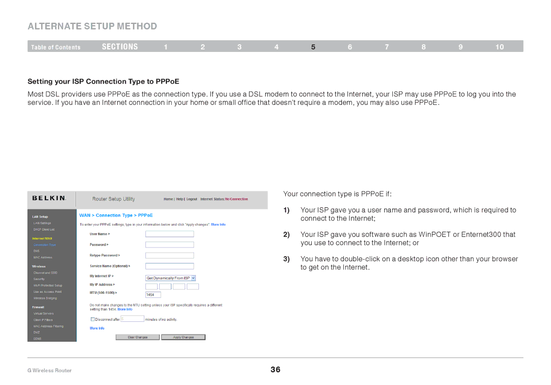 Belkin PM01110EA user manual Setting your ISP Connection Type to PPPoE 