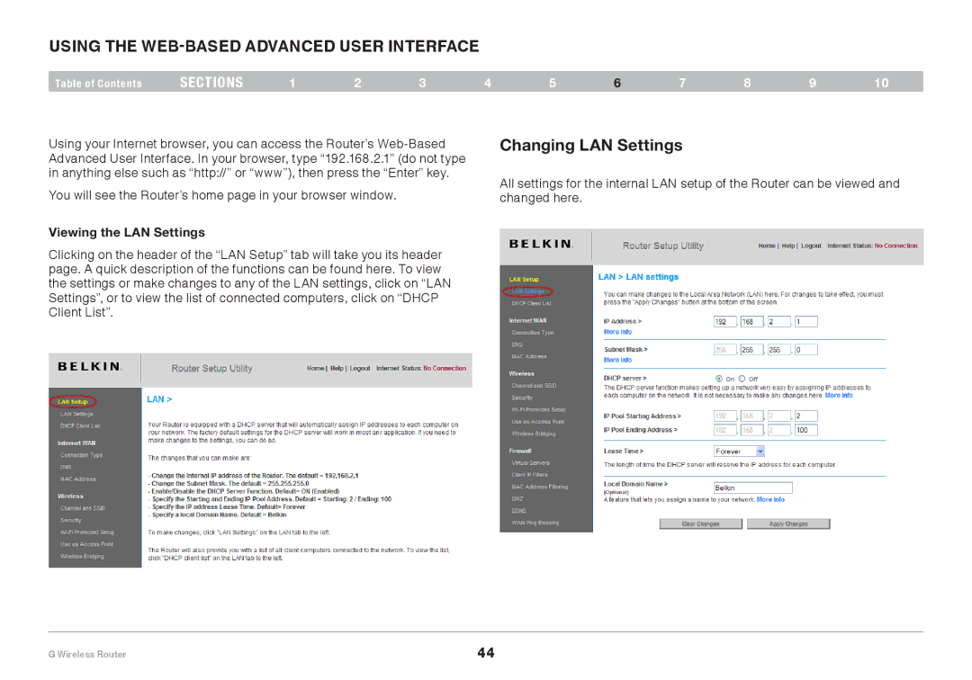 Belkin PM01110EA user manual Using the Web-Based Advanced User Interface, Changing LAN Settings, Viewing the LAN Settings 