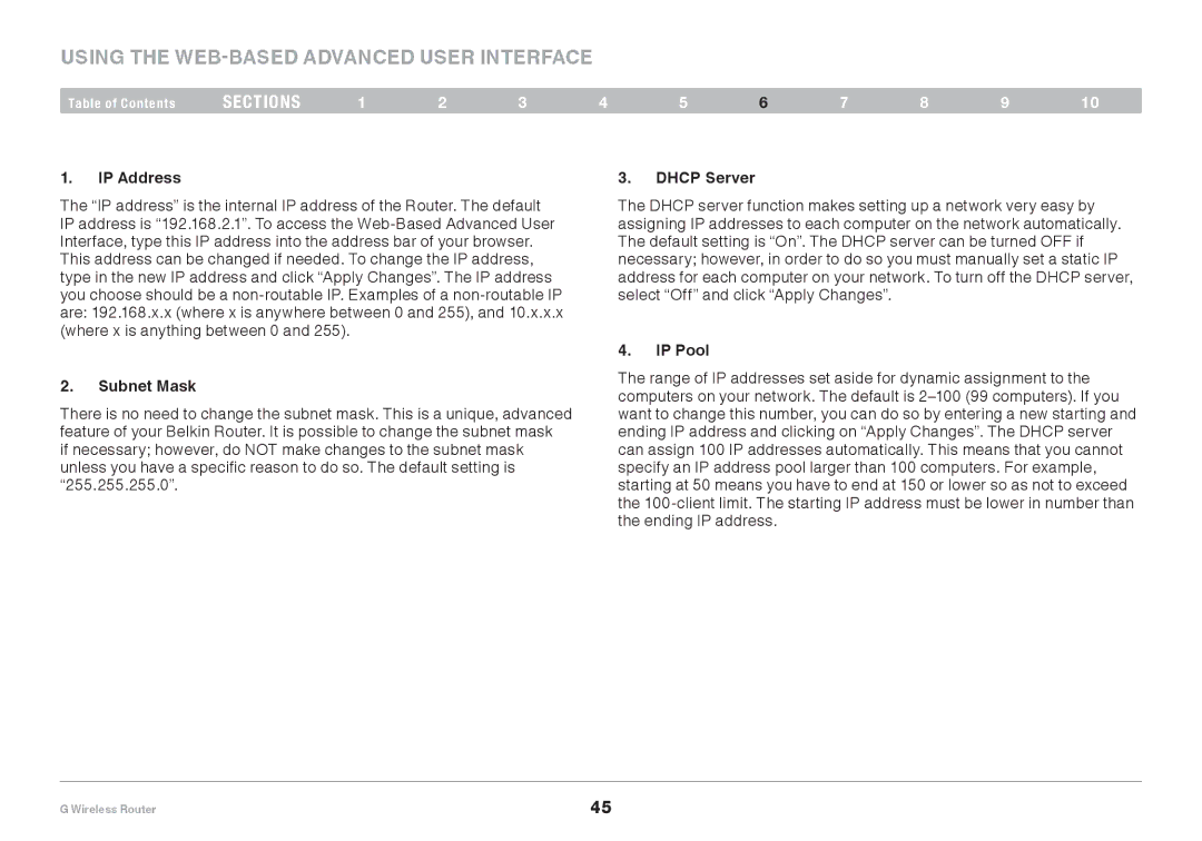 Belkin PM01110EA user manual Using the Web-Based Advanced User Interface, IP Pool 