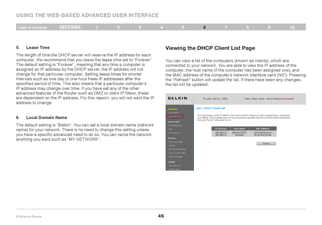 Belkin PM01110EA user manual Viewing the Dhcp Client List, Lease Time, Local Domain Name 