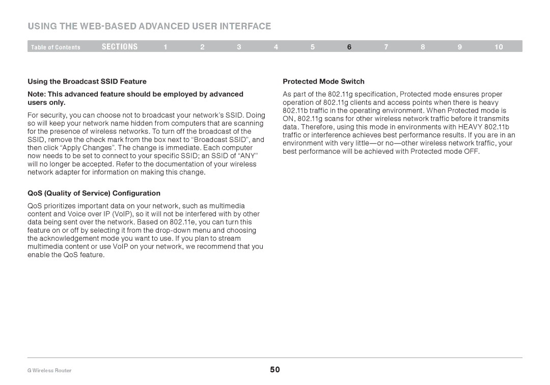 Belkin PM01110EA user manual Using the Broadcast Ssid Feature, QoS Quality of Service Configuration, Protected Mode Switch 