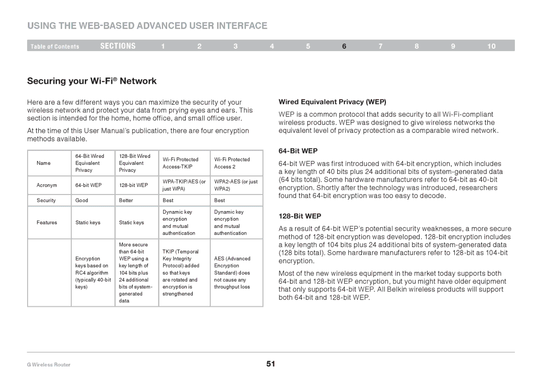 Belkin PM01110EA user manual Securing your Wi-FiNetwork, Wired Equivalent Privacy WEP, Bit WEP 