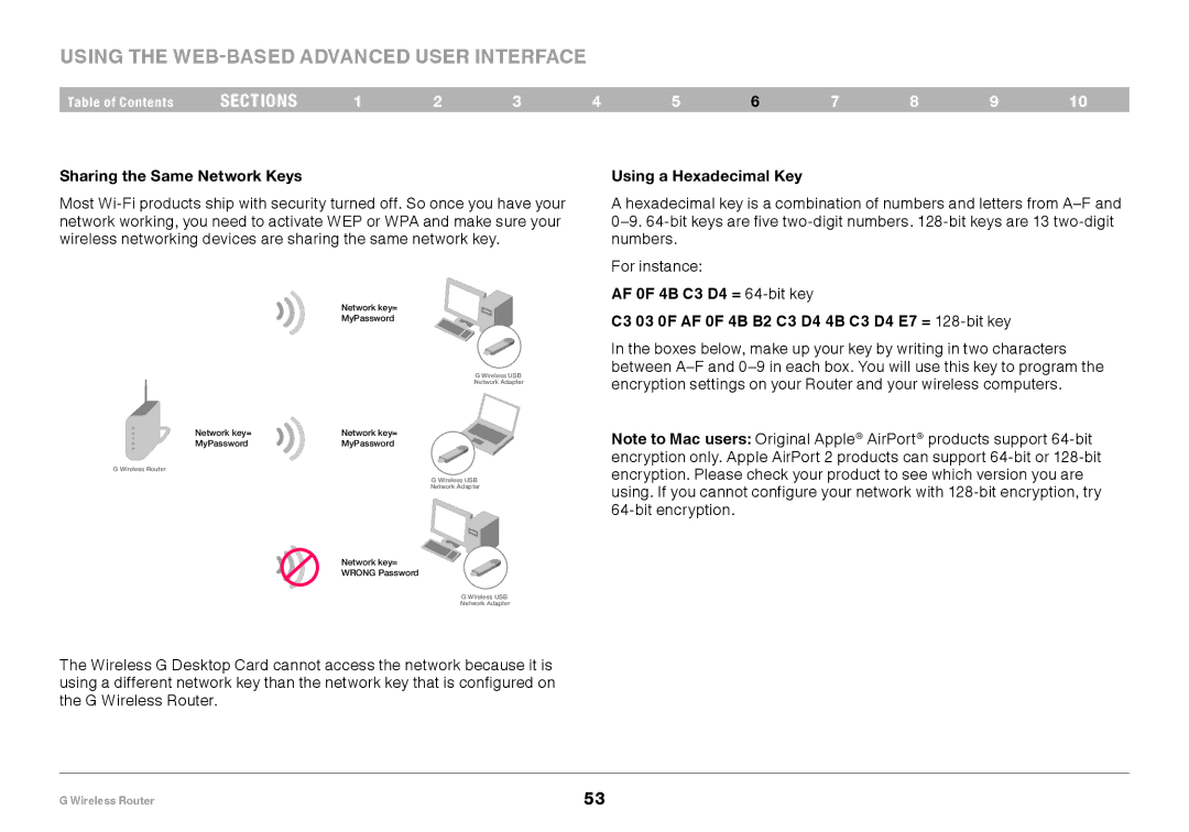 Belkin PM01110EA user manual Sharing the Same Network Keys, Using a Hexadecimal Key 