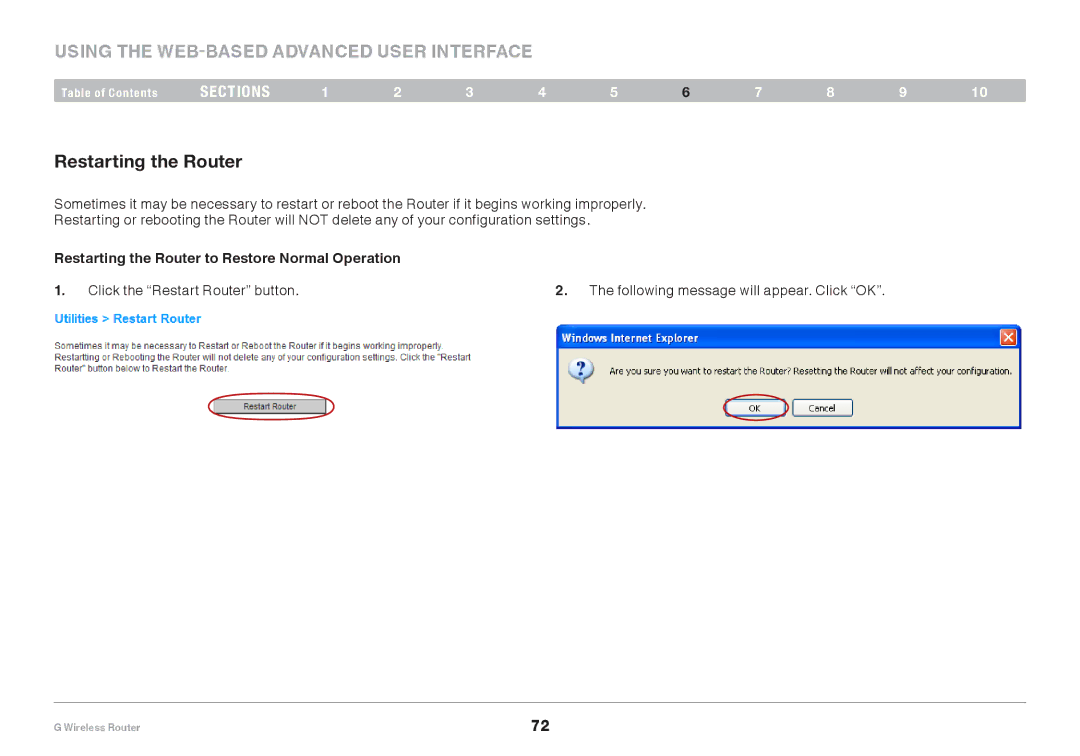 Belkin PM01110EA user manual Restarting the Router to Restore Normal Operation 