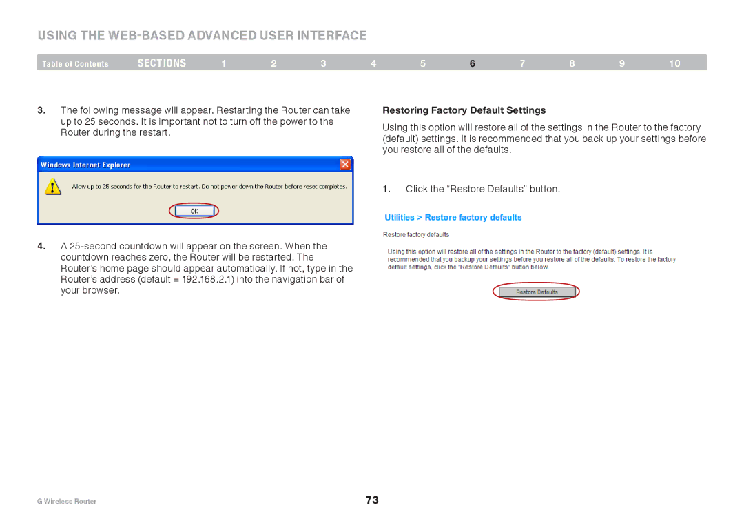 Belkin PM01110EA user manual Restoring Factory Default Settings 