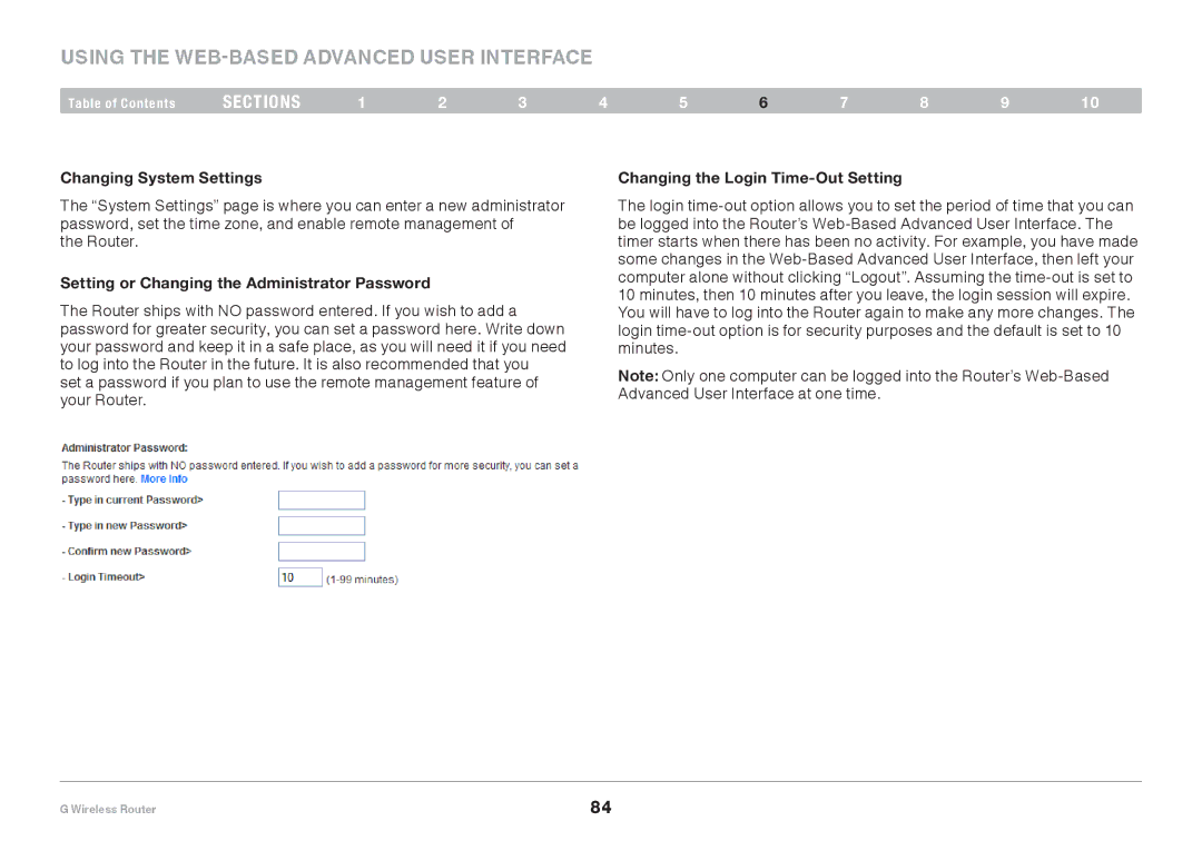 Belkin PM01110EA user manual Changing System Settings, Setting or Changing the Administrator Password 