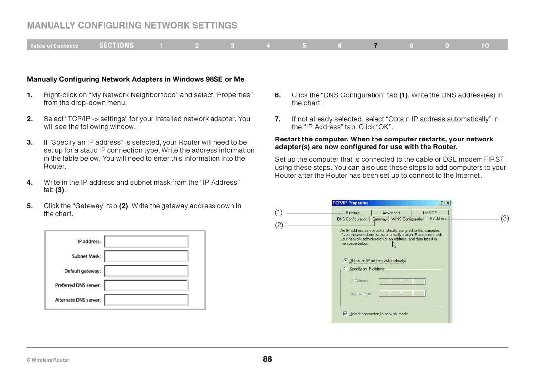 Belkin PM01110EA Manually Configuring Network Settings, Manually Configuring Network Adapters in Windows 98SE or Me 