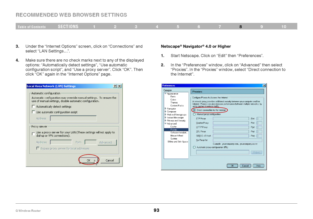 Belkin PM01110EA user manual Recommended Web Browser Settings, Netscape Navigator 4.0 or Higher 