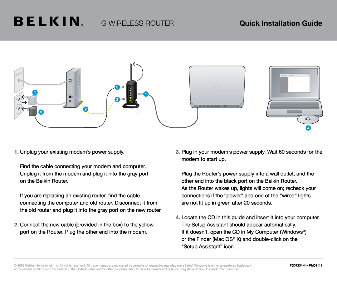 Belkin PM01111 manual G Wireless Router, Quick Installation Guide 