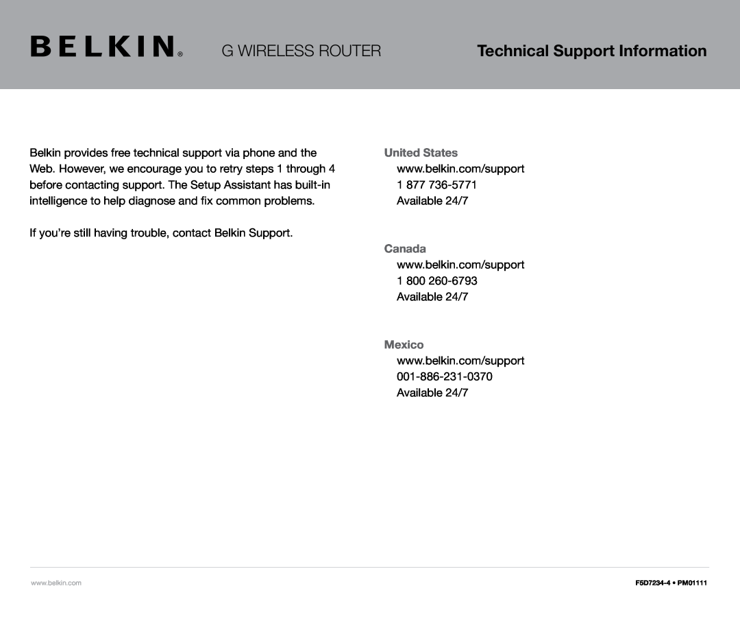 Belkin PM01111 manual Technical Support Information, G Wireless Router, United States, Canada, Mexico 