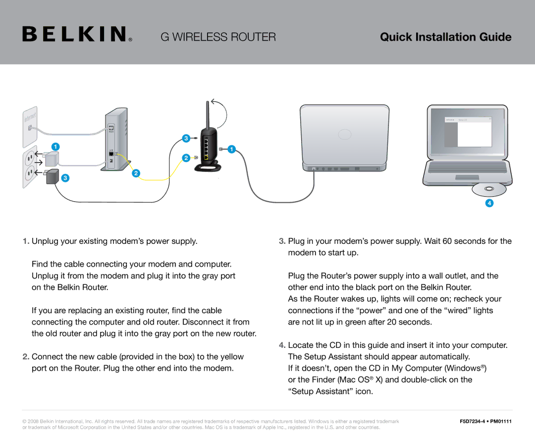 Belkin manual Quick Installation Guide, F5D7234-4 PM01111 