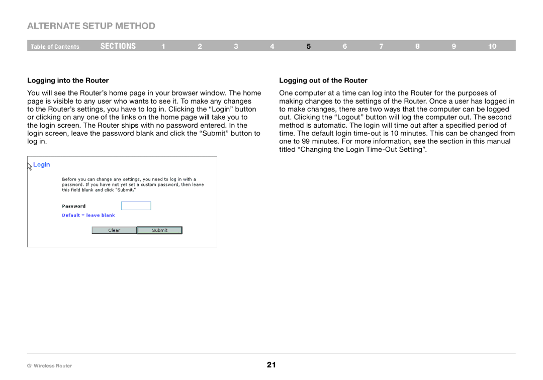 Belkin PM01116-A user manual Alternate Setup Method, Logging into the Router Logging out of the Router 