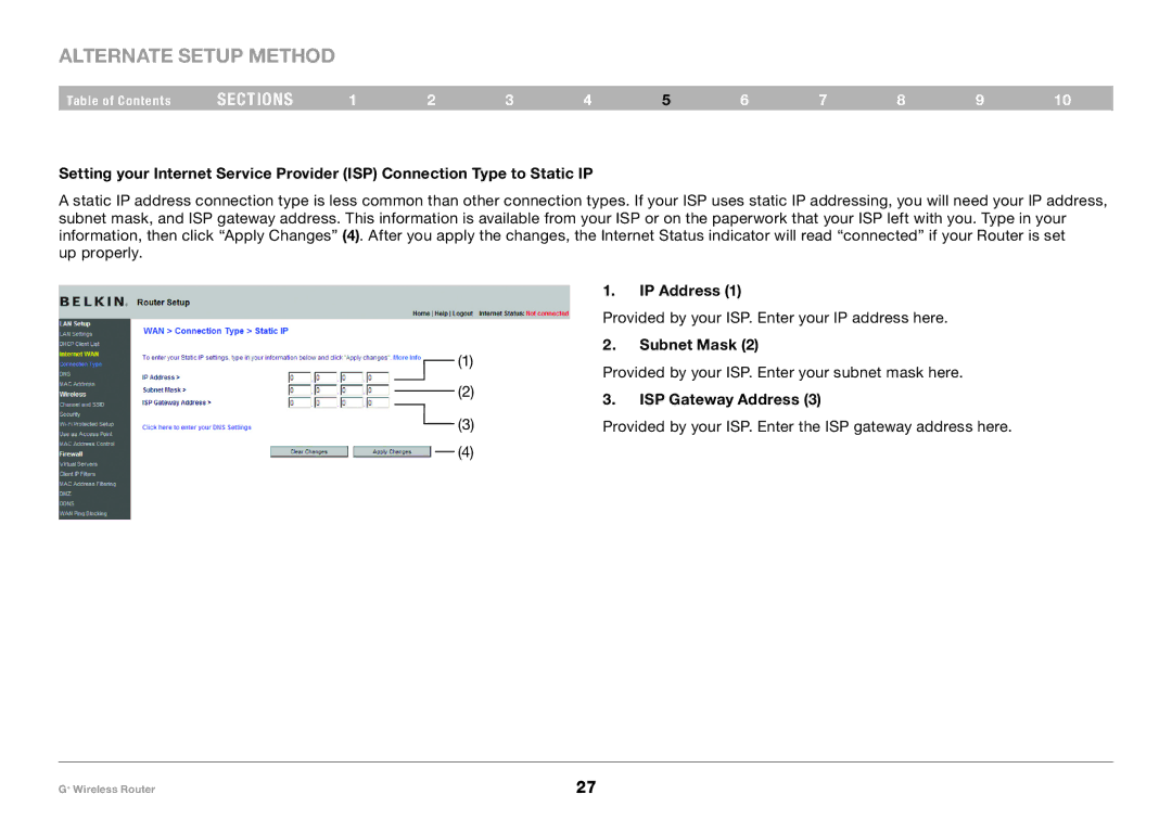 Belkin PM01116-A user manual IP Address, Subnet Mask, ISP Gateway Address 