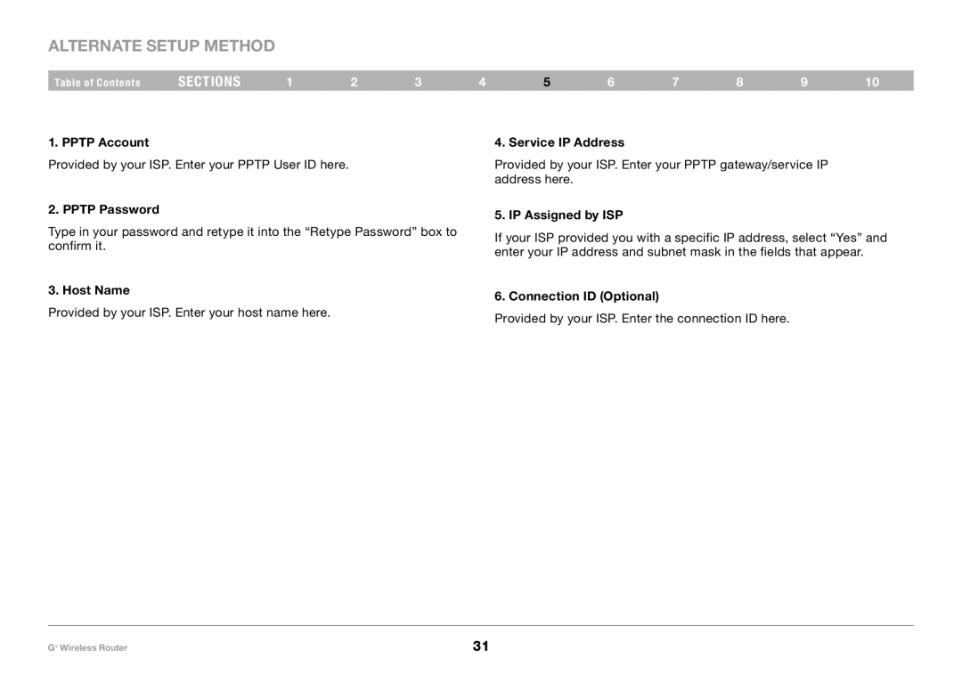 Belkin PM01116-A user manual Pptp Account, Pptp Password, Service IP Address, Connection ID Optional 