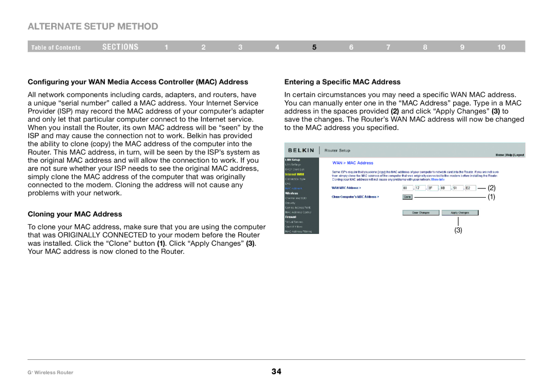 Belkin PM01116-A user manual Configuring your WAN Media Access Controller MAC Address, Cloning your MAC Address 