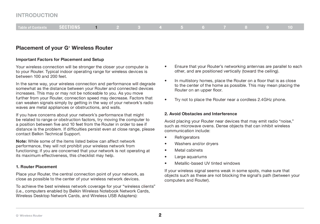 Belkin PM01116-A user manual Introduction, Placement of your G+ Wireless Router, Important Factors for Placement and Setup 