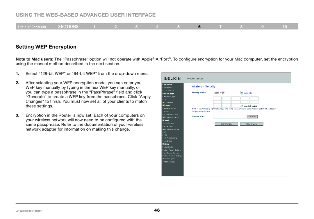 Belkin PM01116-A user manual Setting WEP Encryption 