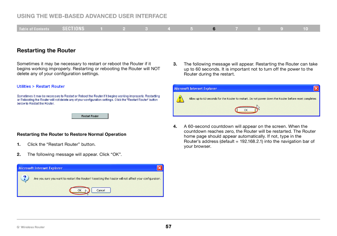 Belkin PM01116-A user manual Restarting the Router to Restore Normal Operation 