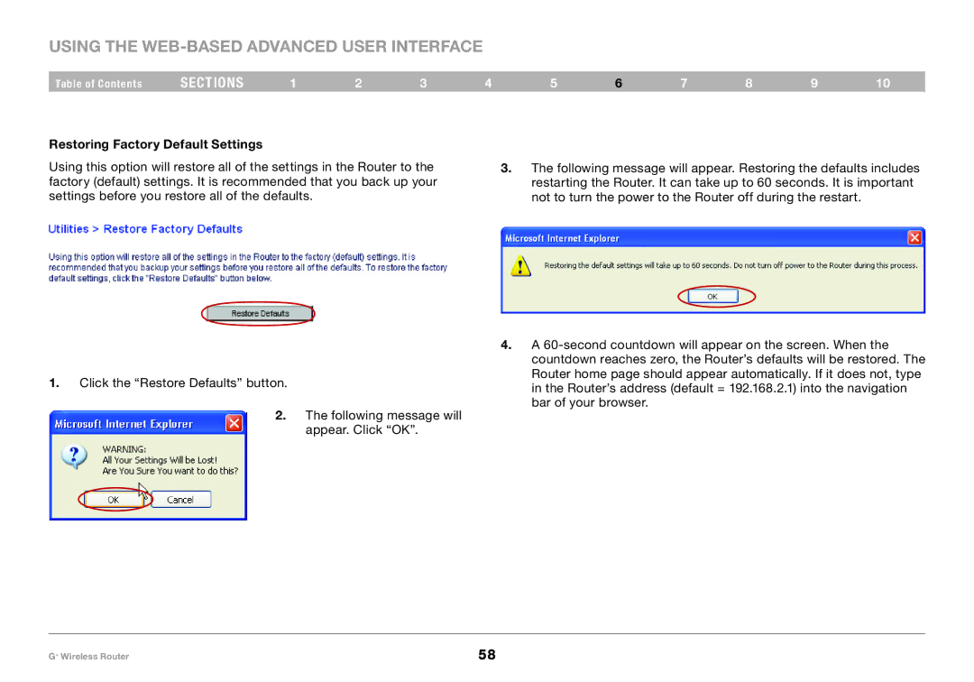 Belkin PM01116-A user manual Restoring Factory Default Settings 