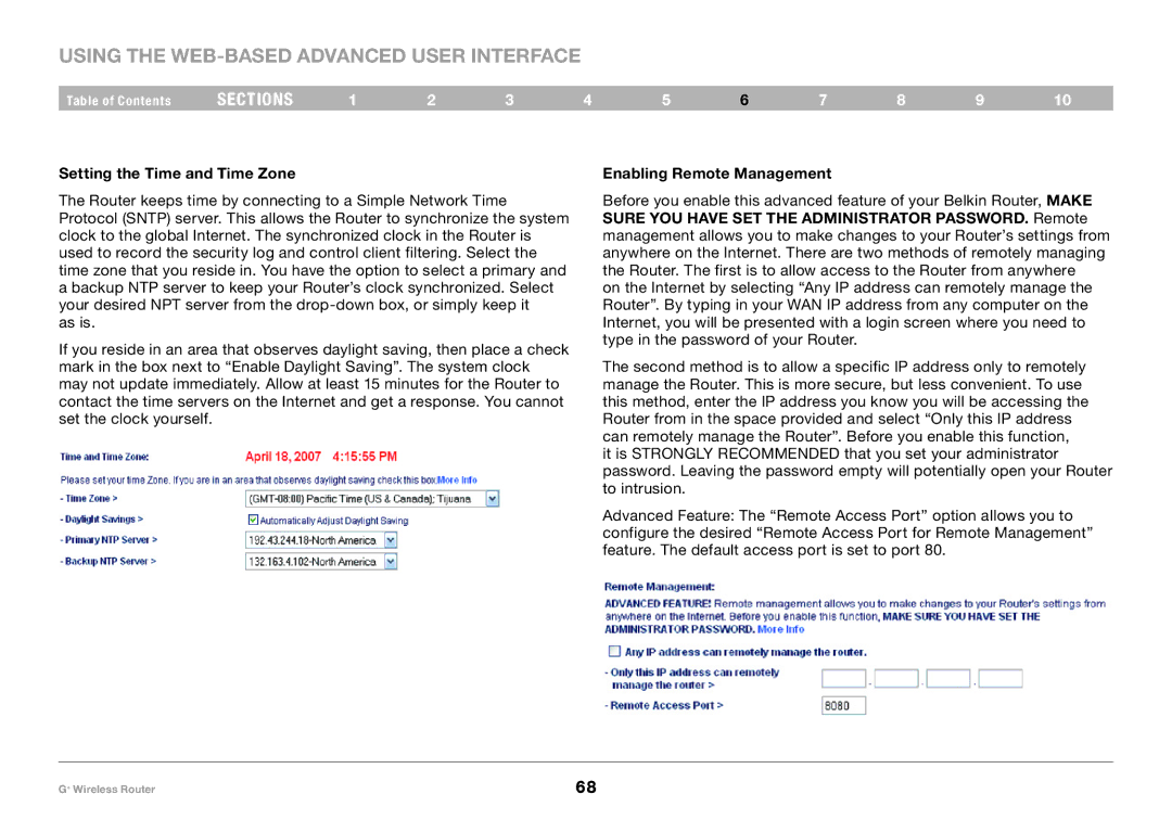 Belkin PM01116-A user manual Setting the Time and Time Zone, Enabling Remote Management 