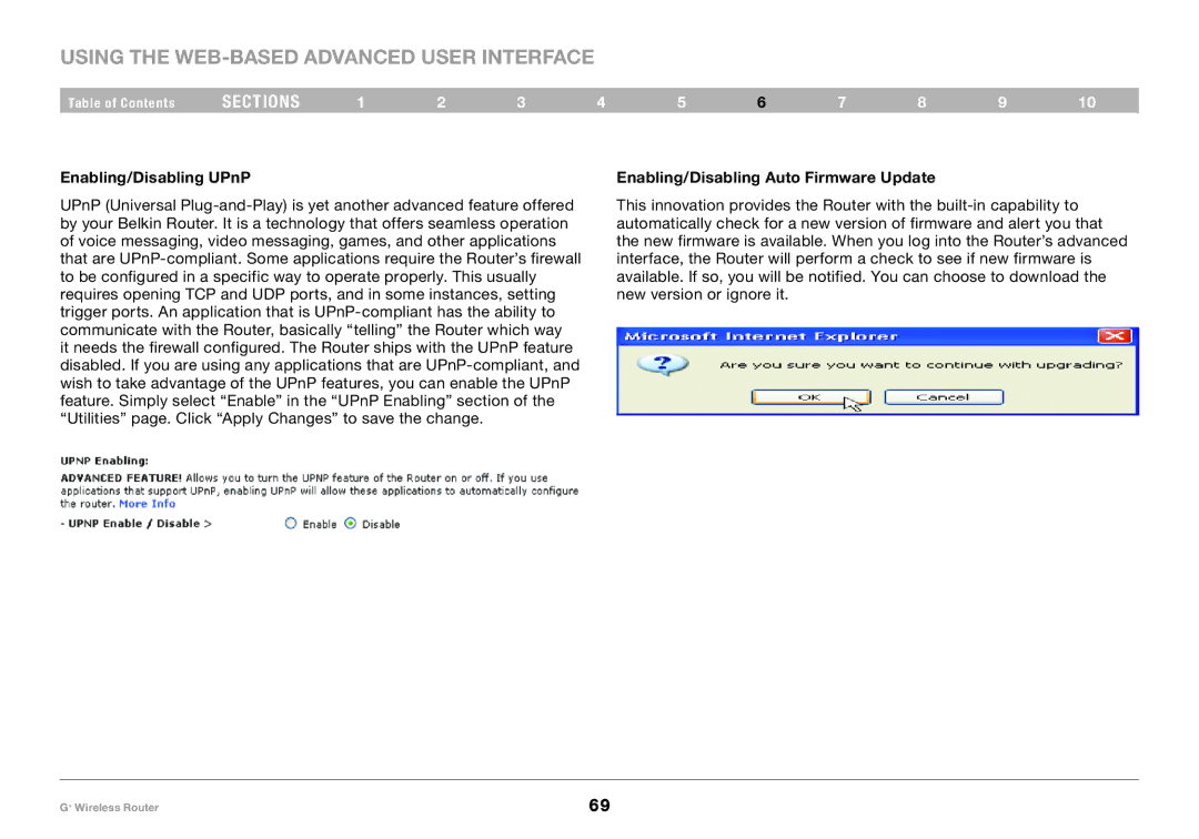 Belkin PM01116-A user manual Enabling/Disabling UPnP, Enabling/Disabling Auto Firmware Update 