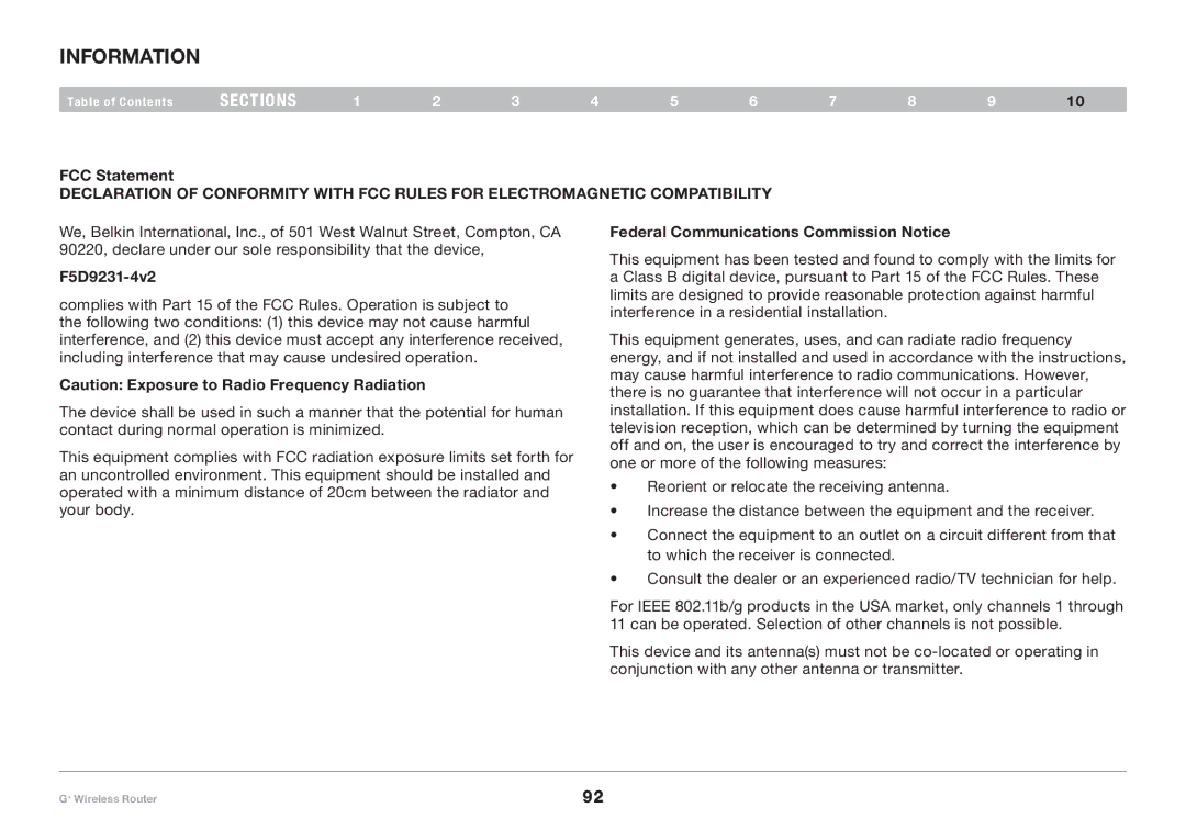 Belkin PM01116-A user manual Information, FCC Statement, F5D9231-4v2, Federal Communications Commission Notice 