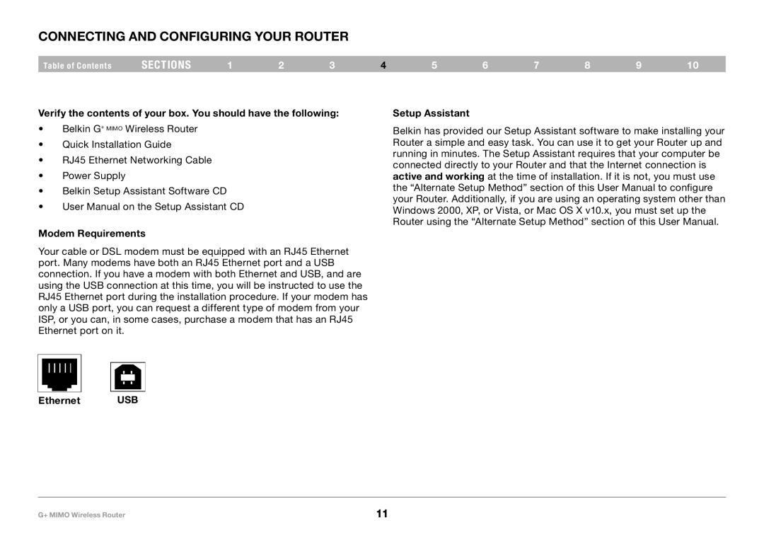 Belkin PM01116EA user manual Connecting and Configuring your Router, Modem Requirements, Setup Assistant Ethernet USB 