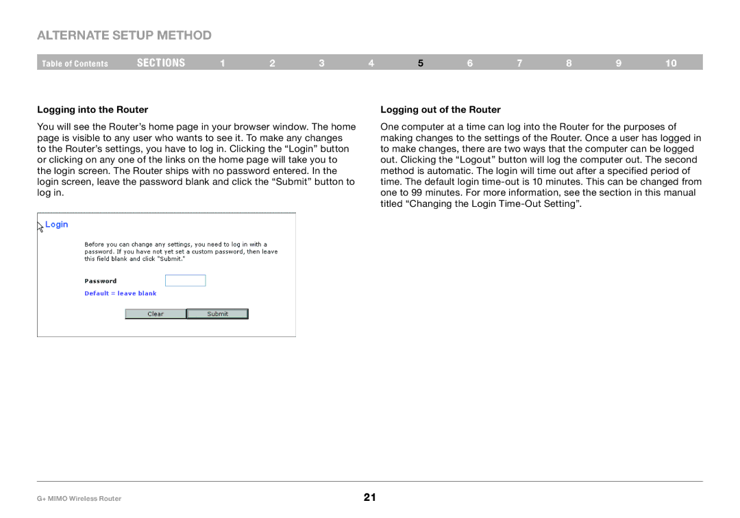 Belkin PM01116EA user manual Alternate Setup Method, Logging into the Router Logging out of the Router 