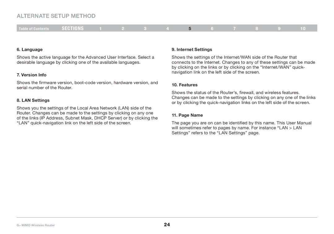 Belkin PM01116EA user manual Language, Version Info, LAN Settings, Internet Settings, Features, Name 